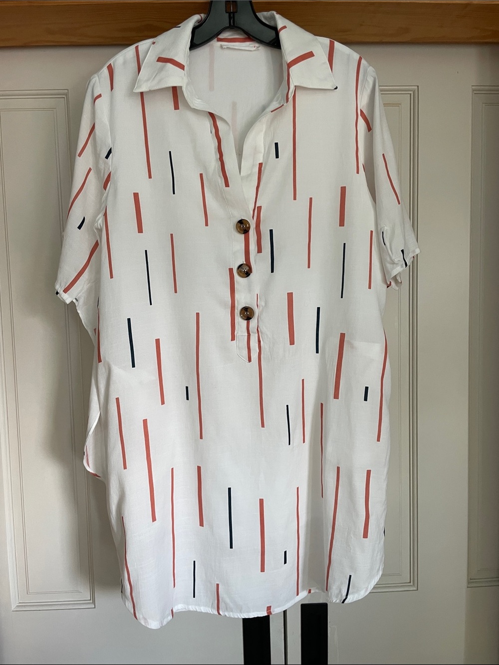 Lush White Short-Sleeve Tunic with Coral & Navy Stripe